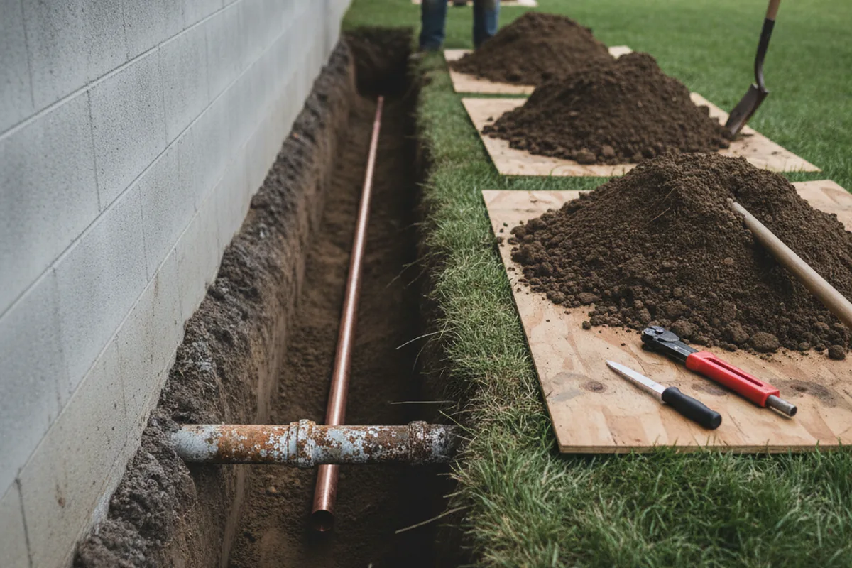 Excavated water line trench during Water Heater Repair in Milligan College